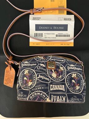 Dooney & Bourke Navy Travel-Print Crossbody with Tan Leather Trim